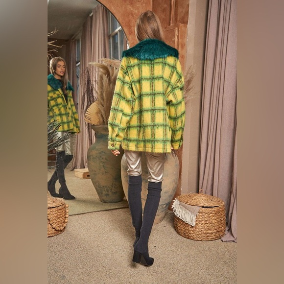 🔵 145B. Fuzzy Multi Plaid Button Front Jacket - Yellow/Green - Picture 6 of 6